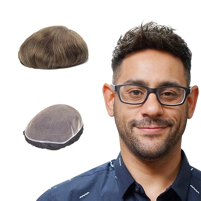 Lordhair Toupee for Men European human hair Full French Lace Hairpieces，Base Size 8x10 inch Hair Replacement System for Men Natural Hairline Human Hair Wig#7Light Brown