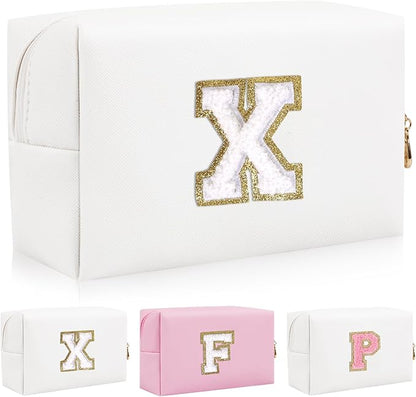 Personalized Initial Letter Patch Makeup Bag, Preppy Portable Chenille Cosmetic Bag with Zipper, PU Leather Waterproof Travel Toiletry Bag Monogram Make Up Pouch for Women Girls