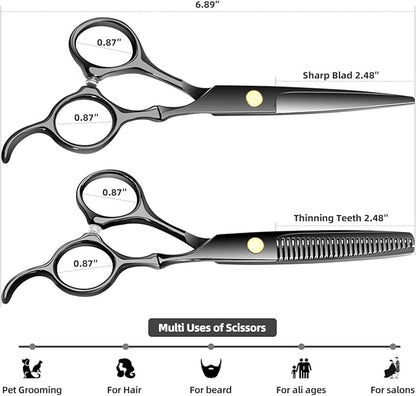 Professional Hair Cutting Scissors Sets Stainless Steel Barber Hairdressing Scissors Multifunctional Salon Thinning Scissors Straight Shears Tools Gifts for Mom Dad and Friends (Black)