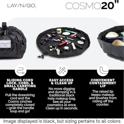 Lay-n-Go Cosmo Drawstring Cosmetic & Makeup Bag Organizer - Portable Drawstring Makeup Bag w/Zipper Pocket, Makeup Loops & More - Durable, Machine Washable Toiletry Bag (20", Floral Large)