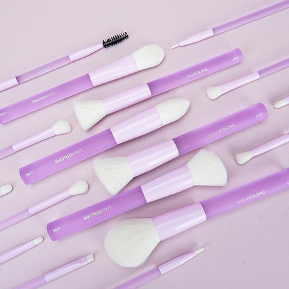 18-Piece Light Purple Professional Makeup Brush Set – Translucent Rubberized Handles, Soft Synthetic Bristles for Face & Eye Makeup–Includes Travel Bag & Sponges, Complete Brush Collection