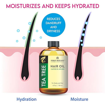 First Botany, Tea Tree Castor Oil Encourages Hair Growth, Scalp & Hair Strengthening Serum, Nourishing Treatment for Split Ends, Dry Scalp, Safe for All Hair Types, 4 fl oz