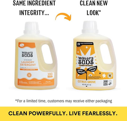 Molly's Suds Liquid Laundry Detergent | Clean Laundry Detergent Soap for Sensitive Skin | 2x Concentrated, High Efficiency (HE) (Citrus Grove - 200 Loads)