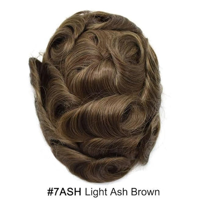FACE MIRACLE Toupee for Men French Lace Hairpiece Human Hair Replacement System Skin PU Mens Toupee Hair Wigs for Man V-Looped Front Hair Prosthesis 6"X8" 7ASH Light Ash Brown