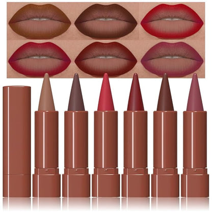 evpct 6Pcs Mauve Maroon Brown Ruby Plum Dark Red Gradient Matte Lip Liner Lipstick Combo Crayon Pencil Set for Women Long Lasting, Cream Lip Liner and Lipstick Combo Makeup Kit, Gradual Ombre Effect
