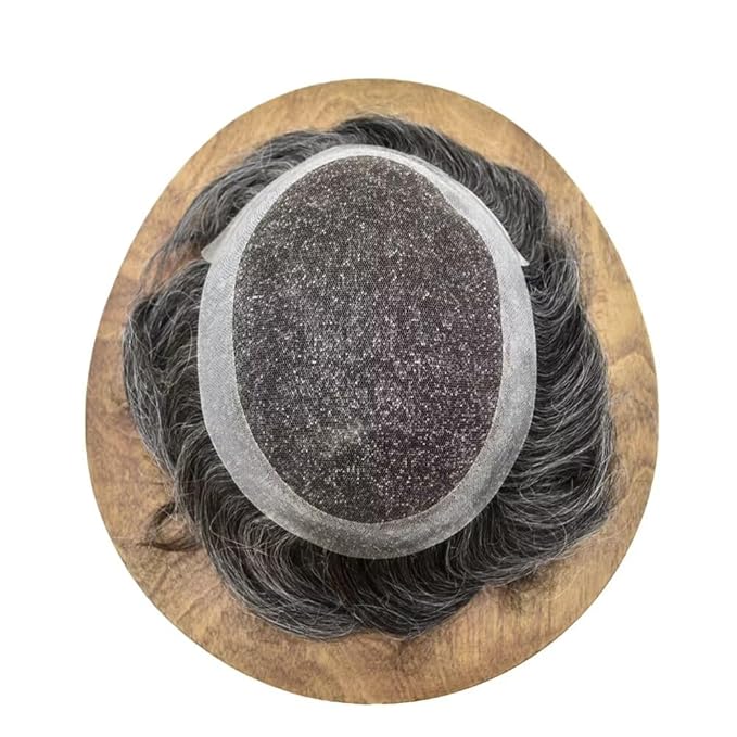 Mens Toupee Human Hair Piece French Lace Toupee for Man Hair System Indian Human Hair Replacement Systems V-Looped PU Front Hairpieces 6"X8" #1B30 1B# OFF BLACK WITH 30% SYNTHETIC GREY