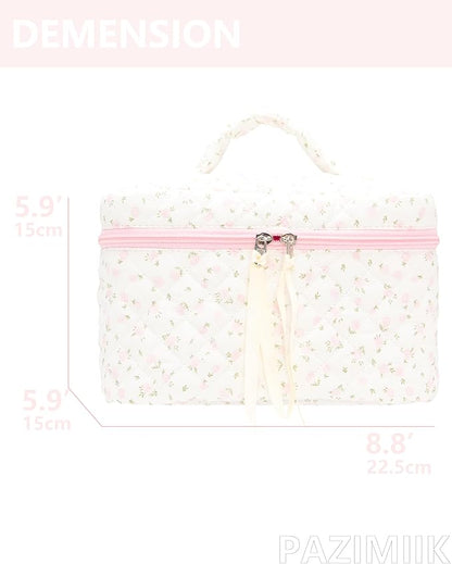 Quilted Makeup Bag Large Travel Zipper Soft Cosmetic Case for Women Girls Make Up,Little Flower Pink