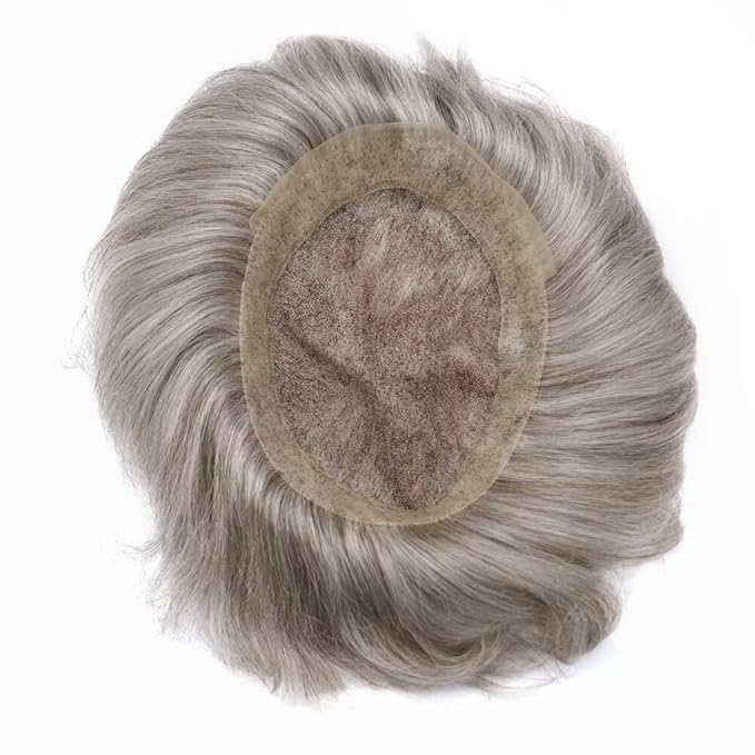 Toupee for Men French Lace Human Hair Replacement Systems Lace Center with Poly Around Hair Piece Mens Toupee Hair Units for Man V-Looped Front Male Hair Units 6"X9" #580