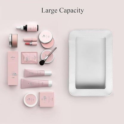 Clear and Waterproof Makeup Bag Portable Travel Cosmetic Case Organizer for Women Toiletry Pouch with Transparent Vinyl Windows & Zippers (White)