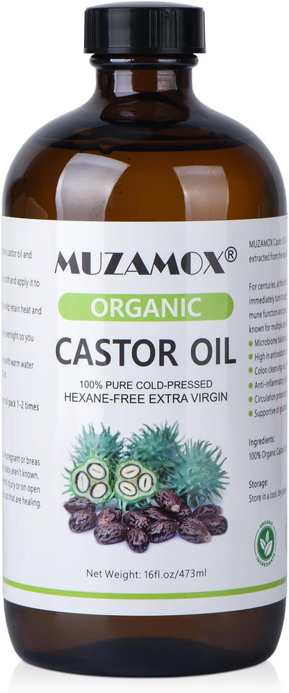 Castor Oil Organic Cold Pressed Unrefined Glass Bottle, 100% Pure and Hexane Free, Ideal for Castor Oil Pack, Skin Care, and Hair Growth, 16 Fl Oz
