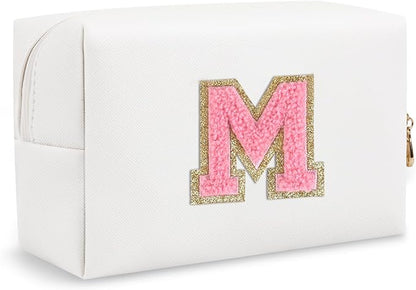 Small Travel Initial Preppy Makeup Bag, Personalized White Cute Cosmetic Organizer Chenille Letter Travel Toiltery Zipper Pouch, Waterproof PU Leather Make Up Case Gifts for Mom Women Female(Letter M)