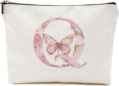 Initial Makeup Bag Pink Butterfly Q Personalized Cosmetic Bag Monogrammed Gifts for Women Girls Mom Bridesmaid Monogram Zipper Pouch for Friendship Mothers Day Birthday Wedding Bridal Shower Gifts