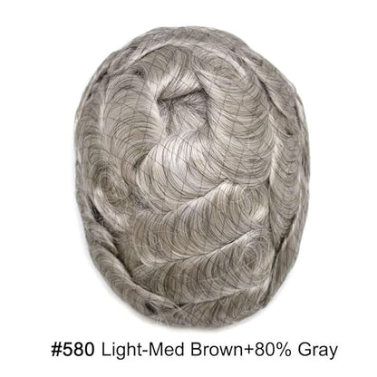 FACE MIRACLE Toupee for Men French Lace Hairpiece Human Hair Replacement System Skin PU Mens Toupee Hair Wigs for Man V-Looped Front Hair Prosthesis 6"X8" #580 5# MEDIUM LIGHT BROWN WITH 80% GREY