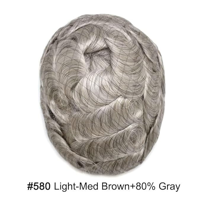 Toupee for Men French Lace Human Hair Replacement Systems Lace Center with Poly Around Hair Piece Mens Toupee Hair Units for Man V-Looped Front Male Hair Units 6"X9" #580