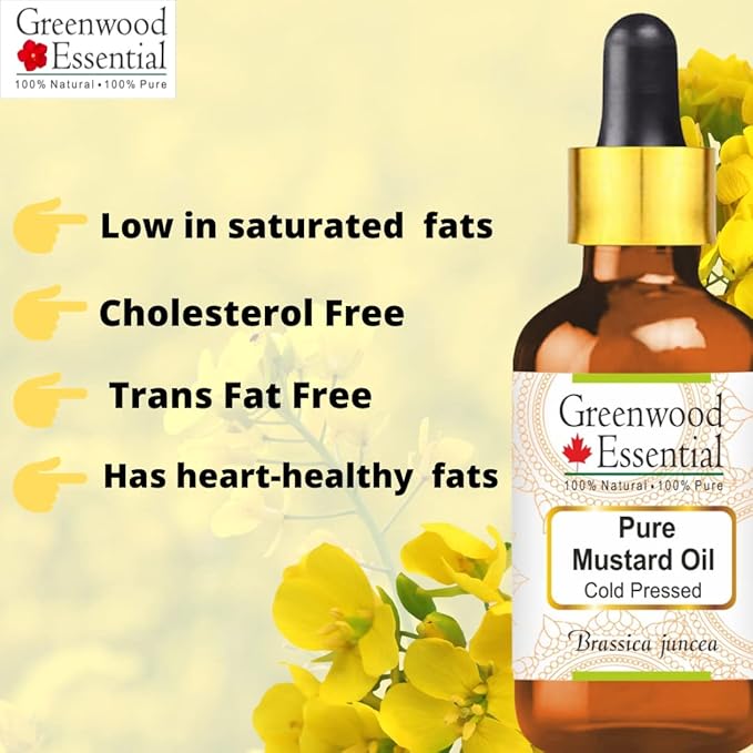 Greenwood Essential Mustard Oil (Brassica juncea) | Cold Pressed | Natural | Undiluted | For Diluting Essential Oils | For Skin & Massage | Men & Women | 200ml (6.76 oz)