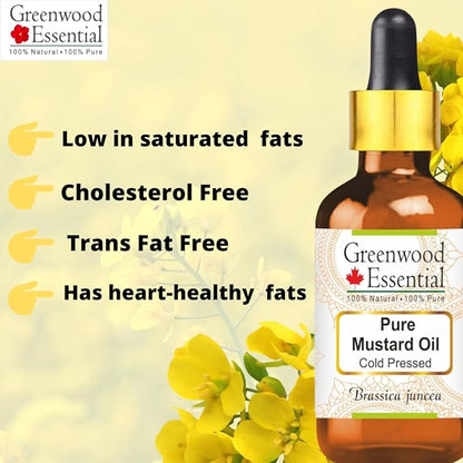 Greenwood Essential Mustard Oil (Brassica juncea) | Cold Pressed | Natural | Undiluted | For Diluting Essential Oils | For Skin & Massage | Men & Women | 200ml (6.76 oz)