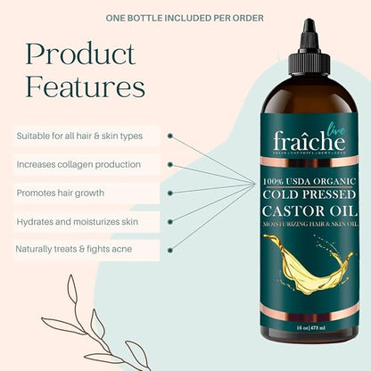 Organic Castor Oil (16oz) - Pure Castor Oil Organic Hexane Free Cold Pressed Unrefined Bottle - Natural Hair Growth Oil for Moisturizing & Healing Dry Skin - Castor Oil for Skin & Hair Treatment Oil
