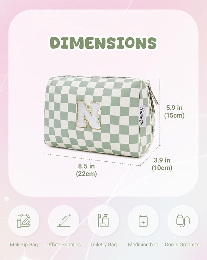 Narwey Birthday Gifts for Teen Girls Kids Women Personalized Initial Checkered Makeup Bag Preppy Cosmetic Bag Trendy Stuff 6 8 10 11 12 13 14 16 18 Years Old Travel Toiletry Bag (Green Letter N)