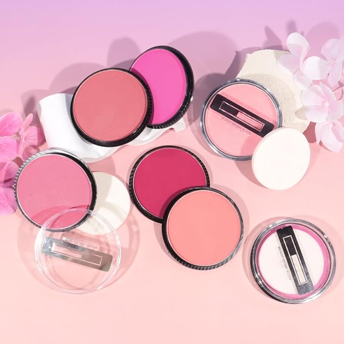 Natural Single Matte for Face Cheeks Blush with Makeup Powder Puff, Watermelon Pink Monochrome Blush Cream Powder Makeup Palette Blushes Long-lasting Blendable Foundation for Women Every Day 06