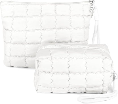 Richeart Makeup Bag Travel Toiletry Bag - Checkered Down Cotton Makeup Pouch for Women with Cosmetic and Pencil, Aesthetic White Design, 2 Pieces