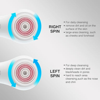 Face Scrubber Exfoliator, Rechargeable Facial Cleansing Brush with 2-Way Rotation & 3 Modes, 30-Day Runtime, 5 Brush Heads for SPA-Level Care, IPX7 Waterproof, Deep Cleaning for All Skin Types