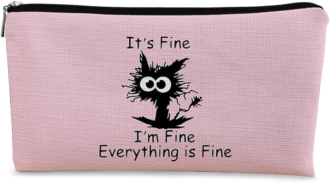 Black Cat Makeup Bag - Funny 'I'm Fine' Cosmetic Bag, Pink Zipper Travel Toiletry Bag for Cat Lovers, Teen Girls & Cat Owners Gifts