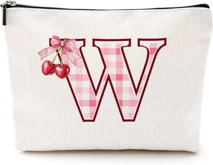 Initial Makeup Bag Monogram Cosmetic Bag Monogrammed Gifts for Women Girls Friends Coworker Teacher Personalized Travel Toiletry Bag Christmas Bridal Shower Wedding Bridesmaid Gifts, Cherry W
