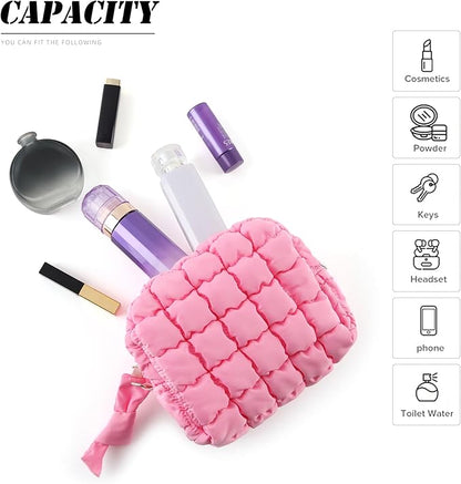 Puffy Quilted Makeup Bag Small Puffer Bag Cosmetic Bags Travel Toiletry Purse for Women, Cute Organizer Pouch, Pink