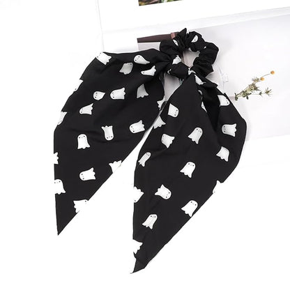 Halloween Hair Ties for Women Girls Soft Fall Ghosts Hair Scrunchies Spooky Black White Hair Tie Ribbon Hair Bows Ponytail Holder Hair Accessories