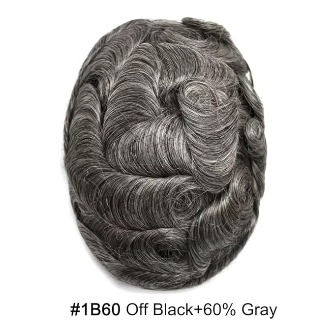 FACE MIRACLE Mens Toupee Lace Front Hairpieces Soft Human Hair Replacement System Natural Hairline Toupee for Men French Lace Poly V-Looped Mens hair Units 6"X8" #1B60 Off Black with 60% Gray
