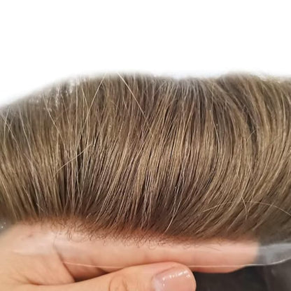 Mens Toupee Human Hair Piece French Lace Toupee for Man Hair System Indian Human Hair Replacement Systems V-Looped PU Front Hairpieces 6"X8" 17R#BROWN/BLONDE MIX WARM TONE