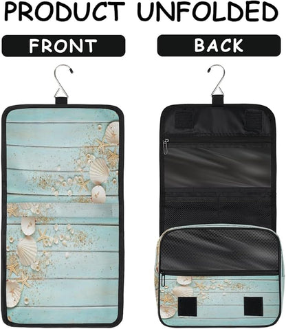 Hanging Travel Toiletry Bag for Women Men Teal Wooden Waterproof Makeup Bag Beach Starfish Portable Cosmetic Bag Travel Essentials for Traveling Accessories Toiletries Bathroom Shower