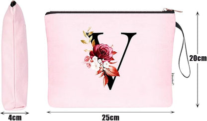Vavabox A-Z Personalized Makeup Bag, Birthday Gifts for Women Mom, Gifts for Best Friend, Bride Bridesmaid Cosmetic bag (V, Pink)