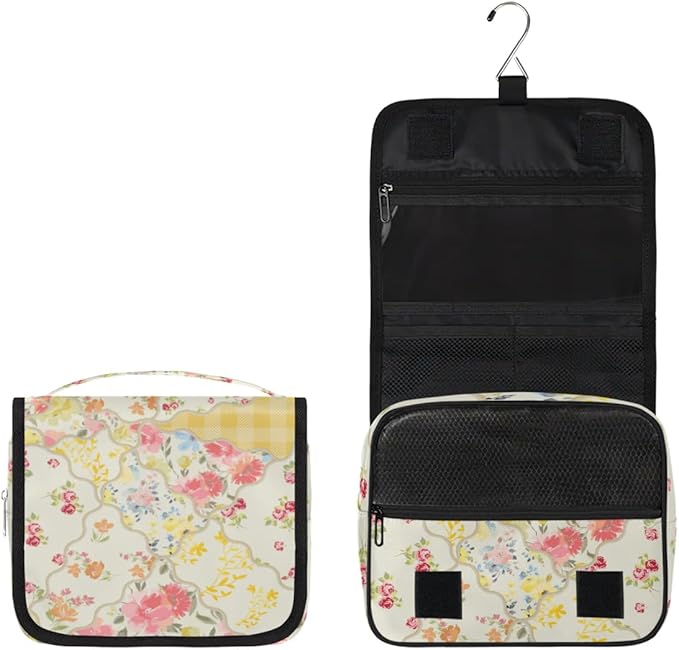 Yellow Flower Travel Toiletry Bag with Hanging Hook for Women and Girls, Rose Floral Cosmetic Makeup Case Organizer for Accessories, Shampoo, Full Sized Container, Toiletries