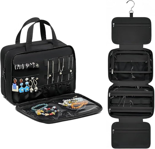 Inmorven Travel Hanging Toiletry Bag for Women, Makeup Cosmetic Bag with Jewelry Organizer, Waterproof DoppKit Set for Girls Large Capacity, Carry-on Travel Accessories Essentials - Black
