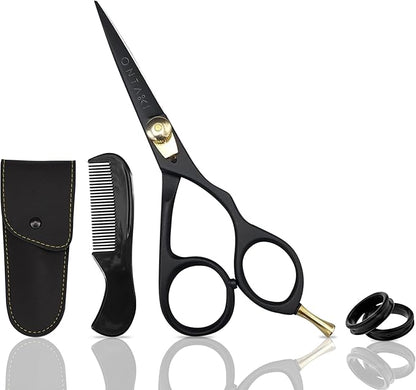 Ontaki Japanese Steel Beard Scissors for Men - 5.5" Ergonomic Black, Right-Handed - Scissors & Comb Travel Set, Beard Grooming Kit with Mustache Comb & Carry Pouch, Blunt-Tip Facial Hair Shears