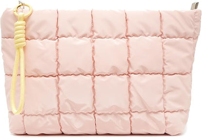 Puffer Quilted Makeup Bag Travel Cosmetic Bag Portable Puffy Checkered Toiletry Pouch Skincare Organizer Purse Pencil Case (Pink)