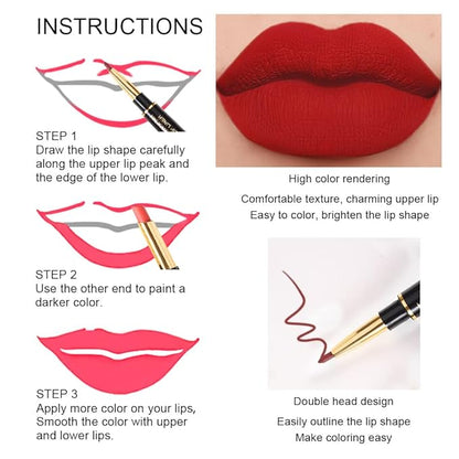 BINGBRUSH 6Pcs Double Ended Mauve Ruby Deep Red Matte Lip Liner and Lipstick Makeup Combo Set for Women, Light Brown Lipliner 24 Hours Original Waterproof Long Lasting Lip Stains Pencil Kit Set