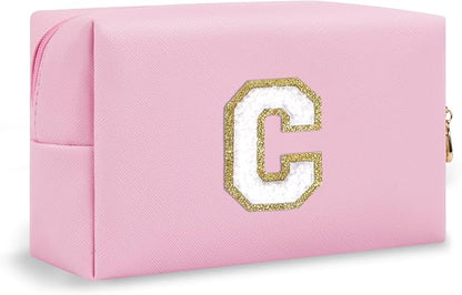 Personalized Initial Preppy Makeup Bag, Small Cute Pink Toiletry Pouch Monogram Cosmetic Travel Organizer with Zipper, PU Waterproof Glitter Make Up Bags Gift for Female Coworker Friends(Letter C)