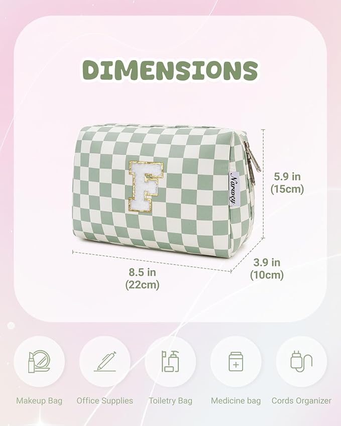 Narwey Birthday Gifts for Teen Girls Kids Women Personalized Initial Checkered Makeup Bag Preppy Cosmetic Bag Trendy Stuff 6 8 10 11 12 13 14 16 18 Years Old Travel Toiletry Bag (Green Letter F)
