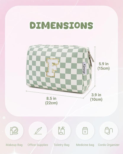 Narwey Birthday Gifts for Teen Girls Kids Women Personalized Initial Checkered Makeup Bag Preppy Cosmetic Bag Trendy Stuff 6 8 10 11 12 13 14 16 18 Years Old Travel Toiletry Bag (Green Letter F)