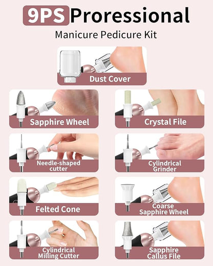Cordless Electric Nail File Set, Professional Manicure Pedicure Kit with Memory Modes, 10 Speed Portable Nail Drill Machine, Pedicure Tools for feet, Hand Foot Care Tool for Thick Nail Toenail Cuticle