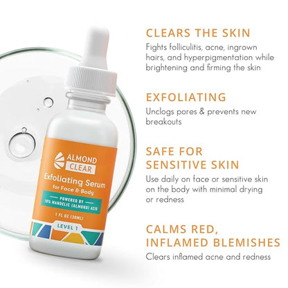 Almond Clear Level 1 Serum | Mandelic Acid Facial Serum for Acne, Folliculitis, Aging Skin, Ingrown Hairs, Dark Spots on Face, Chest, Butt, Back, Thighs, Arms | 4oz