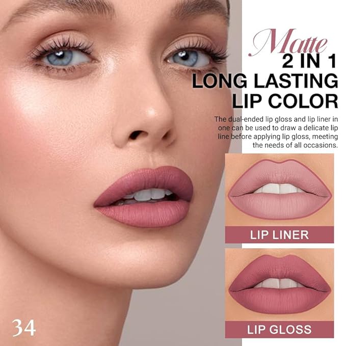 evpct 1Pcs Neutral Mauve Matte Lip Liner and Liquid Lipstick Stain Makeup Set for Women, Mauve Long Lasting Smudge Proof Lipstick labiales matte mate larga duracion listip 24 hours originales, 34#