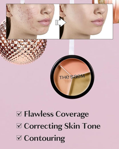 THESAEM Cover Perfection Triple Pot Concealer - 3 Color Concealer with Clear Beige, Green & Peach Shades - Full Coverage to Correct & Conceal Redness, Dark Circles, 01 Correct Beige