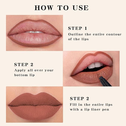 3Pcs Longwear Liquid Lip Liner Stain Marker Pen Set Long Lasting Waterproof, Mocha Light Nude Brown Matte Permanent 24 Hour Lip Liner and Lipstick Combo Color Stay Lipliner All Day Lip Stains peel off