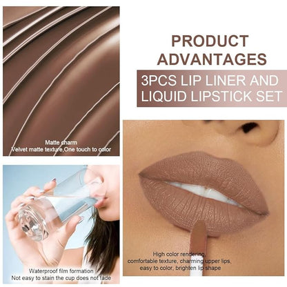 evpct 3Pcs Pale Neutral True Nude Matte Lip Liner & Liquid Lipstick Stain Makeup Set for Women, Lip Liner Stain Long Lasting Waterproof Smudge Proof, Cruelty Free Lip Makeup 24 hours originales labios