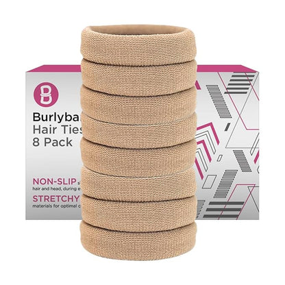 Burlybands Large Hair Ties for Thick, Heavy or Curly Hair - Non-Slip, Non-Damage, Seamless Women's Ponytail Scrunchies - Lt Brown, 8 Pcs