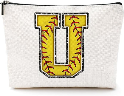 Initial Makeup Bag Monogrammed Cosmetic Bag Yellow Letter U Zipper Pouch Softball Accessories for Girls Women Player Coach Friend Graduation Birthday Gifts
