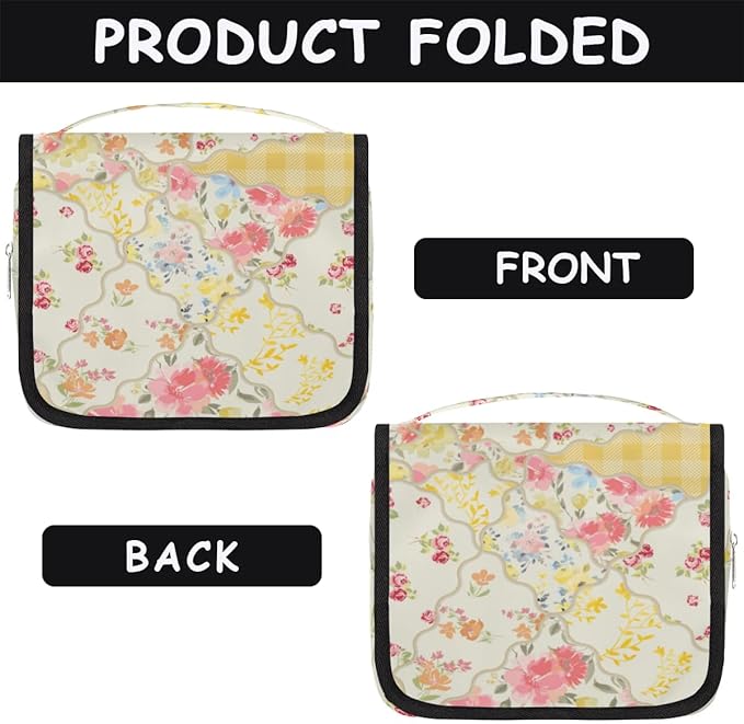 Yellow Flower Travel Toiletry Bag with Hanging Hook for Women and Girls, Rose Floral Cosmetic Makeup Case Organizer for Accessories, Shampoo, Full Sized Container, Toiletries